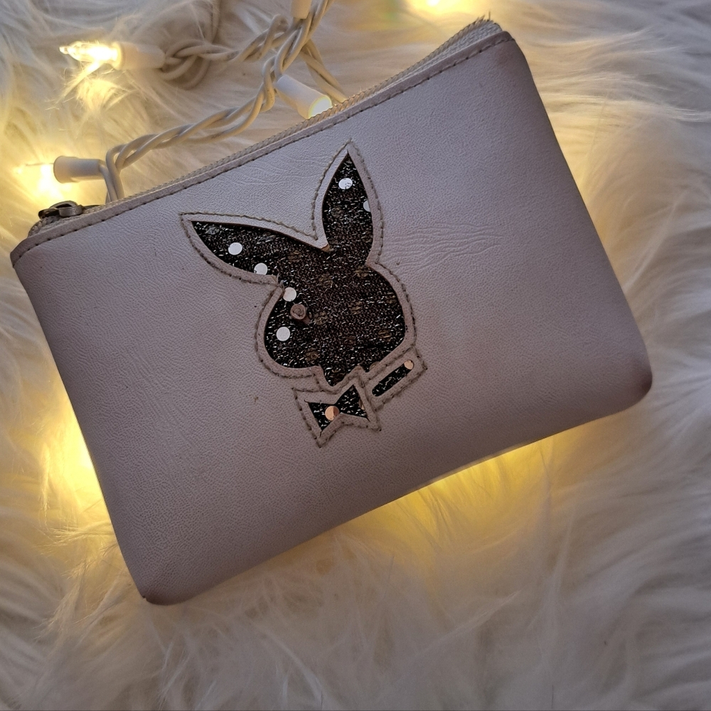 Playboy Cream Zip Pouch. Has Glitter Mesh Covered Logo.